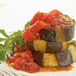 Olive Oil-Braised Eggplant with Fresh Tomato and Pomegranate Sauce