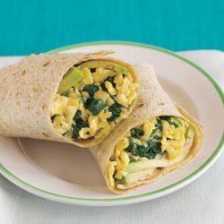 Spinach and Egg Breakfast Wrap with Avocado and Pepper Jack Cheese