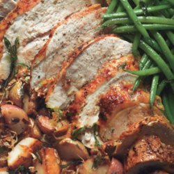 Roast Turkey Breast with Potatoes, Green Beans, and Mustard Pan Sauce