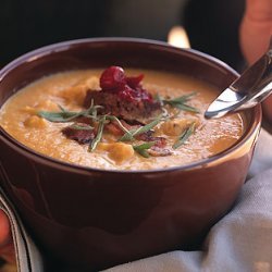 Smoked Turkey and Bacon Chowder with Pumpernickel and Cranberry Croutons