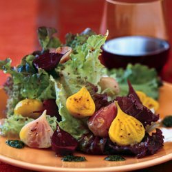 Roasted Beets and Baby Greens with Corinader Vinaigrette and Cilantro Pesto
