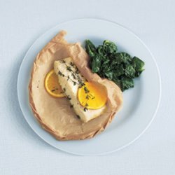 Parchment-Baked Halibut With Sautéed Spinach