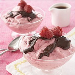 Raspberry Mousse with Quick Chocolate Sauce
