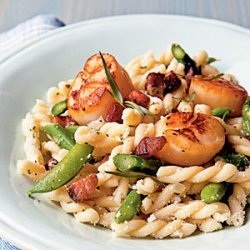 Seared Scallop Gemelli with Asparagus, Snap Peas, and Pecorino