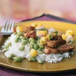 Chicken with Mango Salsa, Edamame, and Coconut Rice