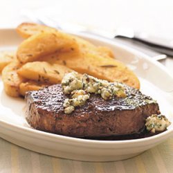 Seared Beef Tenderloin Steaks with Dark Beer Reduction and Blue Cheese