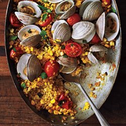Paella with Poblanos, Corn, and Clams