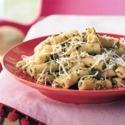 Rigatoni with Green Olive-Almond Pesto and Asiago Cheese