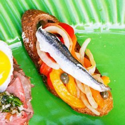 Picnic Crostini with Roasted Pepper, Onion, and Anchovy
