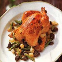 Roast Chicken with Asparagus, Morel, and Pearl-Onion Ragoût