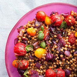 Fregola with Charred Onions and Roasted Cherry Tomatoes