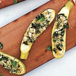 Plank-Grilled Zucchini with Couscous, Spinach, and Feta Stuffing