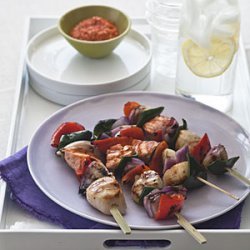 Salmon and Scallop Skewers With Romesco Sauce