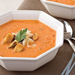 Roasted Red Pepper Soup With Pesto Croutons