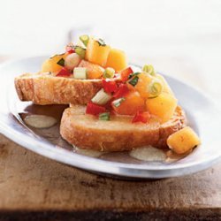 Bruschetta with Peach Salsa and Melted Brie