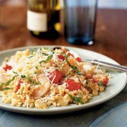 Shrimp and Orzo with Cherry Tomatoes and Romano Cheese