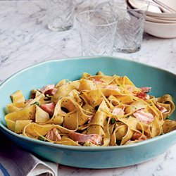 Pappardelle with Salmon and Peas in Pesto Cream Sauce