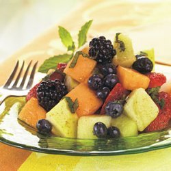 Melon, Berry, and Pear Salad with Cayenne-Lemon-Mint Syrup