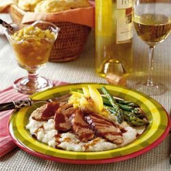 Maple-Chipotle Pork on Smoked Gouda Grits with Sweet Onion Applesauce