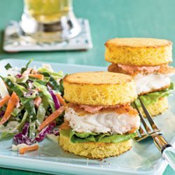 Fish Sliders on Cornbread Rounds with Red Pepper Mayonnaise
