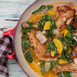 Cane Vinegar Chicken with Pearl Onions, Orange, and Spinach