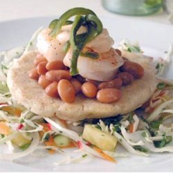 Green Chile Sopes with Chipotle Mayonnaise, Shrimp, and Pineapple Slaw