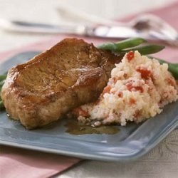 Balsamic Glazed Pork Chops with Red Pepper Grits