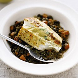 Halibut with Lentils and Mustard Sauce