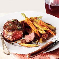 Beef Filets with Red Wine Sauce and Roasted Veggie Fries