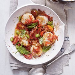 Scallop Skillet with Bacon, Edamame, Basil, and Creamy Grits