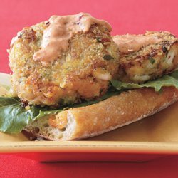 Open-Face Crab Burgers with Red Pepper Dressing