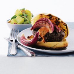 Buffalo Burgers with Pickled Onions and Smoky Red Pepper Sauce