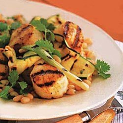 Grilled Scallops, Zucchini, and Scallions with White Beans