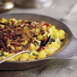 Creamed Corn Gratin with Fried Onion Rings and Bacon