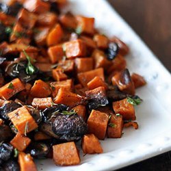 Roasted Sweet Potatoes with Mushrooms and Shallots
