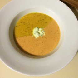 Roasted Yellow Pepper Soup and Roasted Tomato Soup with Serrano Cream